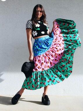 kate spade Multicolor Tiered Maxi Skirt in Green, Pink & Blue